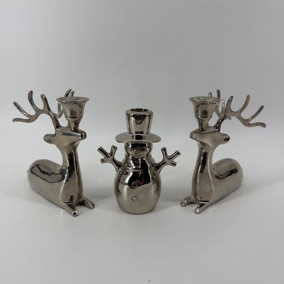 Other - Set of 3 Silver Metal Reindeer & Snowman Candle Holders Modern Christmas Decor